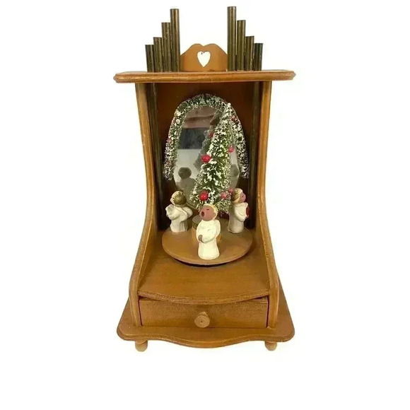 VTG Enesco Rotating Christmas Angels SILENT NIGHT Wooden Display with Drawer - Picture 1 of 12